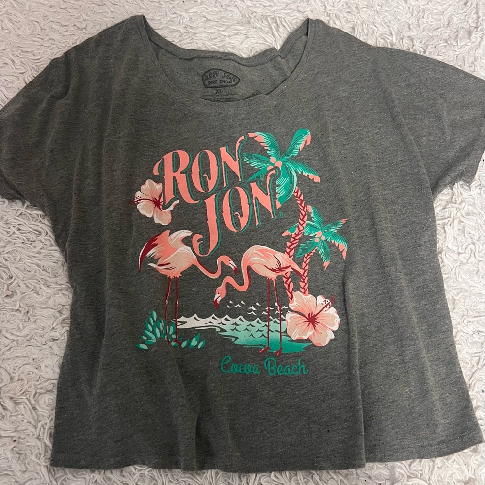 Ron Jon Gray T-Shirt with Flamingo and Palm Tree Design